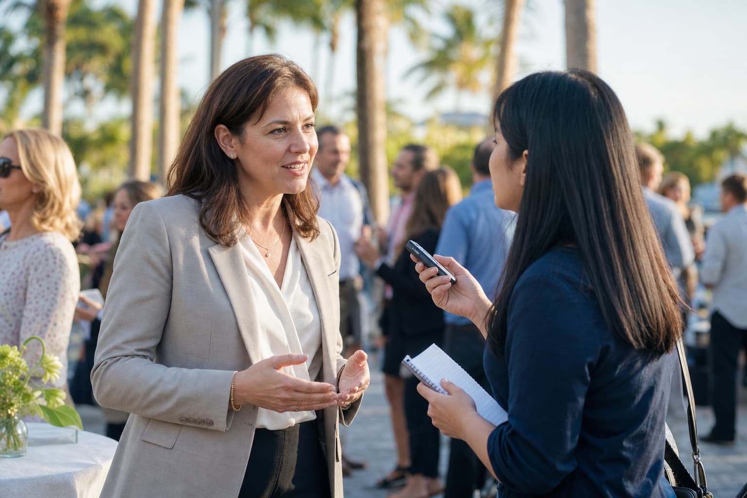 Communications staff member speaking with a local journalist