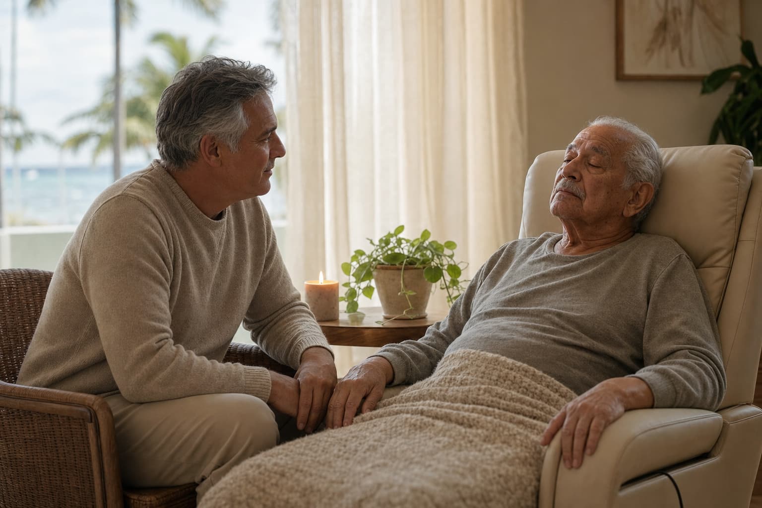 Hospice chaplain sitting beside a patient in a peaceful home setting