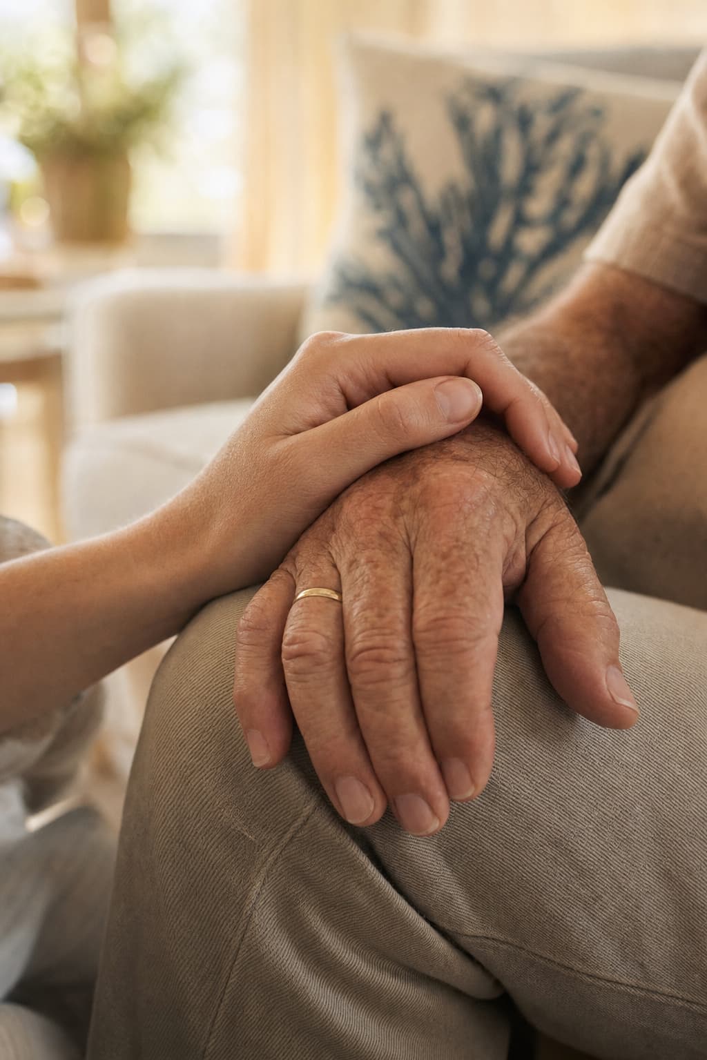 Close-up of two people’s hands clasped together in comfort