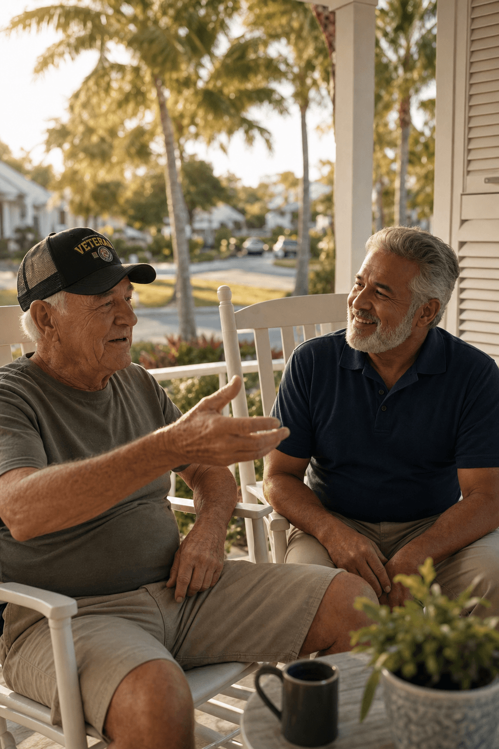 Two men in rocking chairs on a porch talking