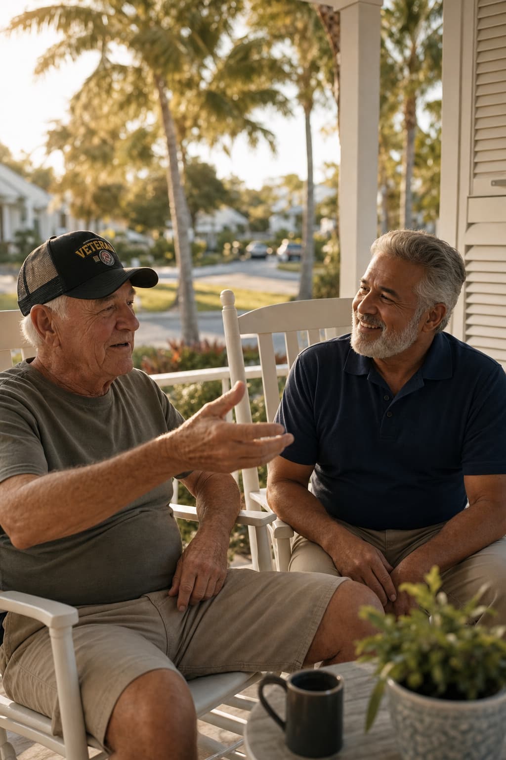 Two men in rocking chairs on a porch talking