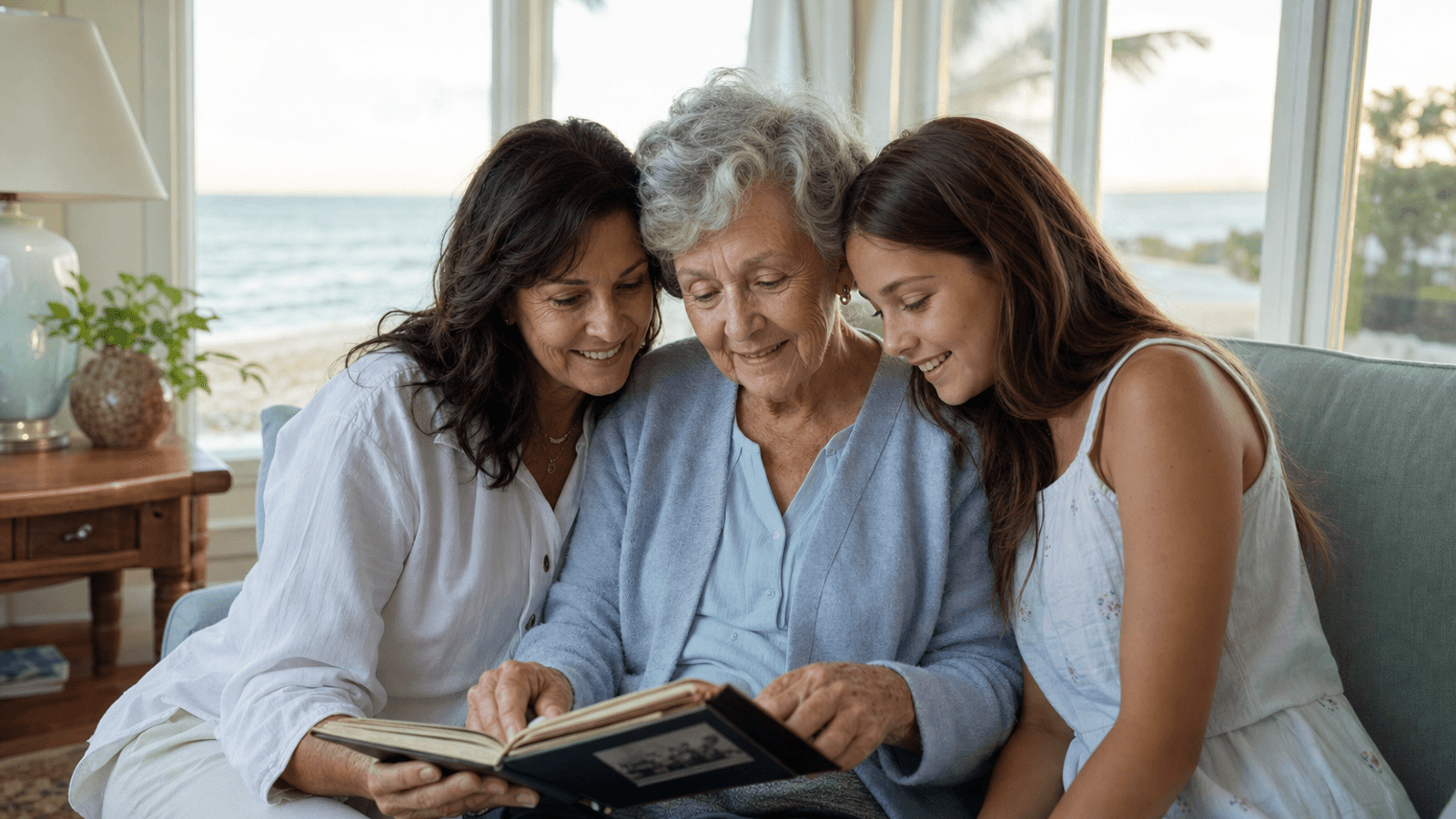 Family sharing a meaningful moment with an older loved one at home