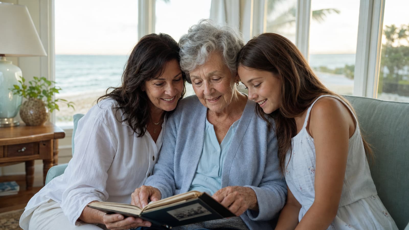 Family sharing a meaningful moment with an older loved one at home