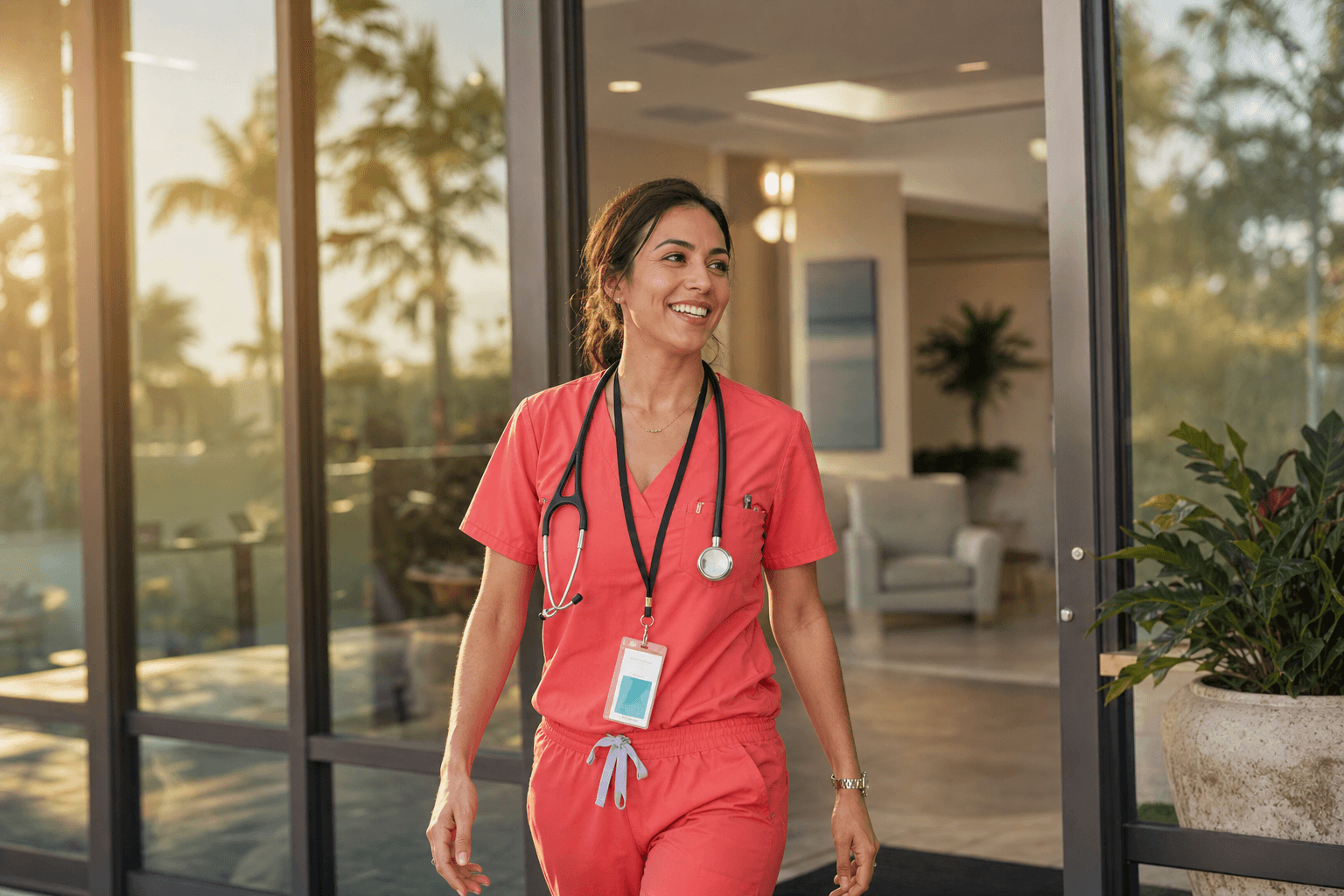 Hospice nurse in coral scrubs walking into a Florida clinic building