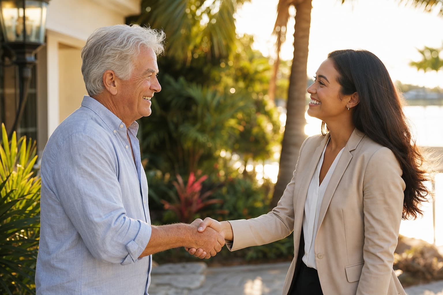 Donor and Foundation staff member shaking hands outside a home