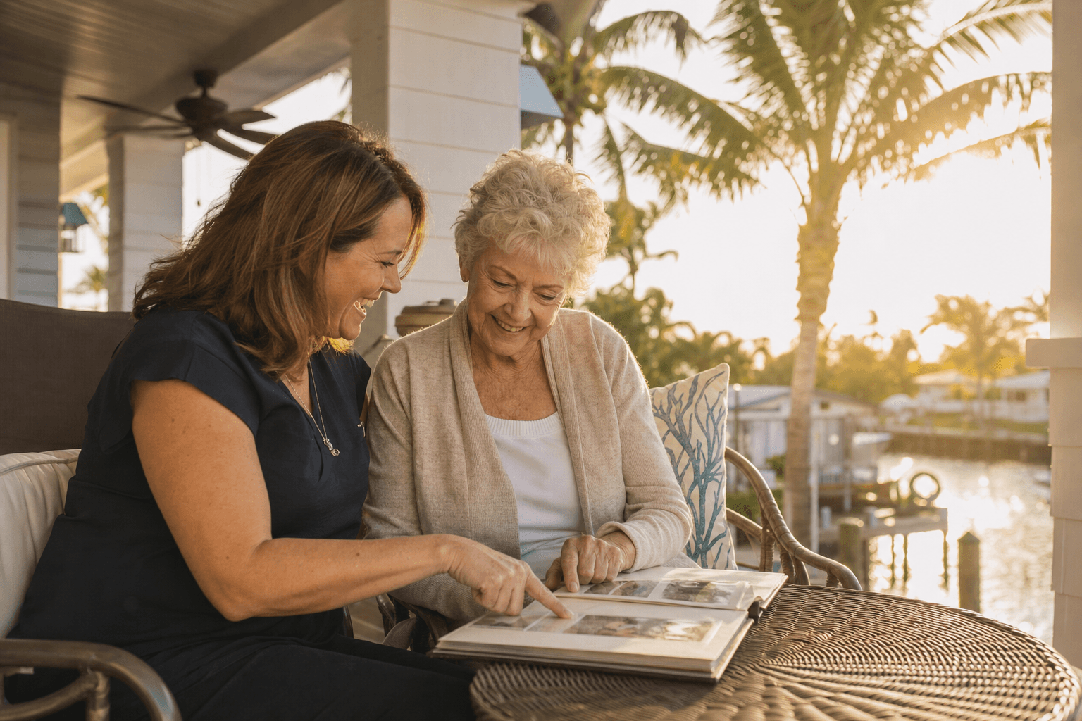 Foundation volunteer and hospice patient looking through a photo album on a coastal porch