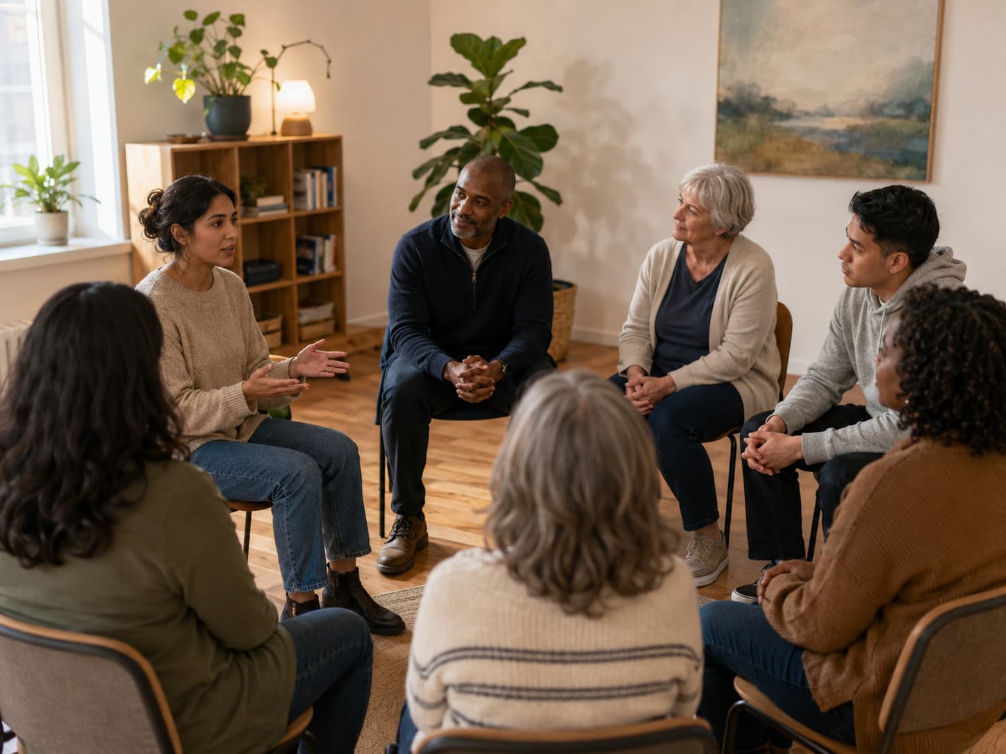 Grief support group sitting together in a circle during a counseling session