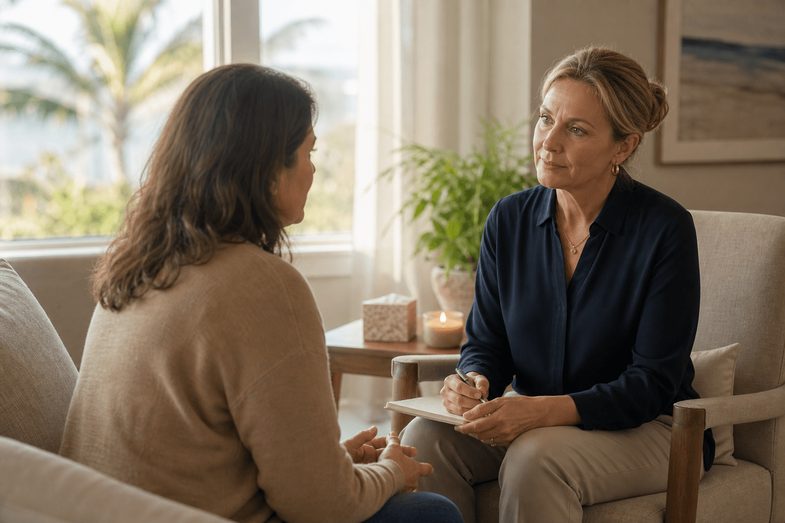 Grief counselor listening attentively to a client in a welcoming coastal room