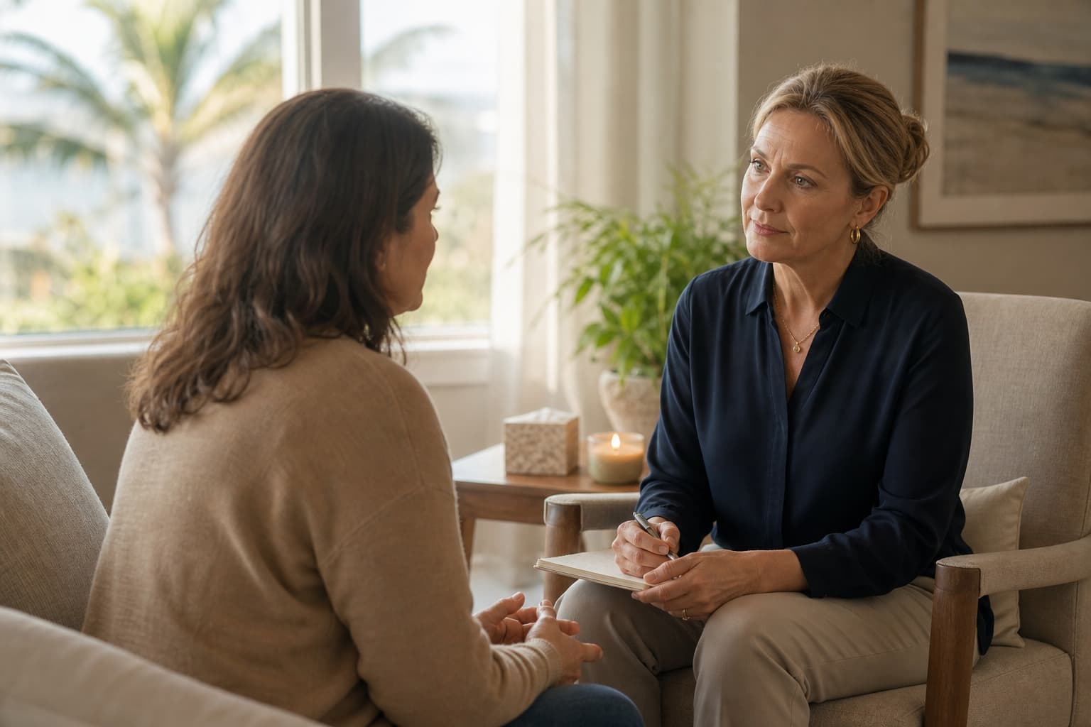Grief counselor listening attentively to a client in a welcoming coastal room
