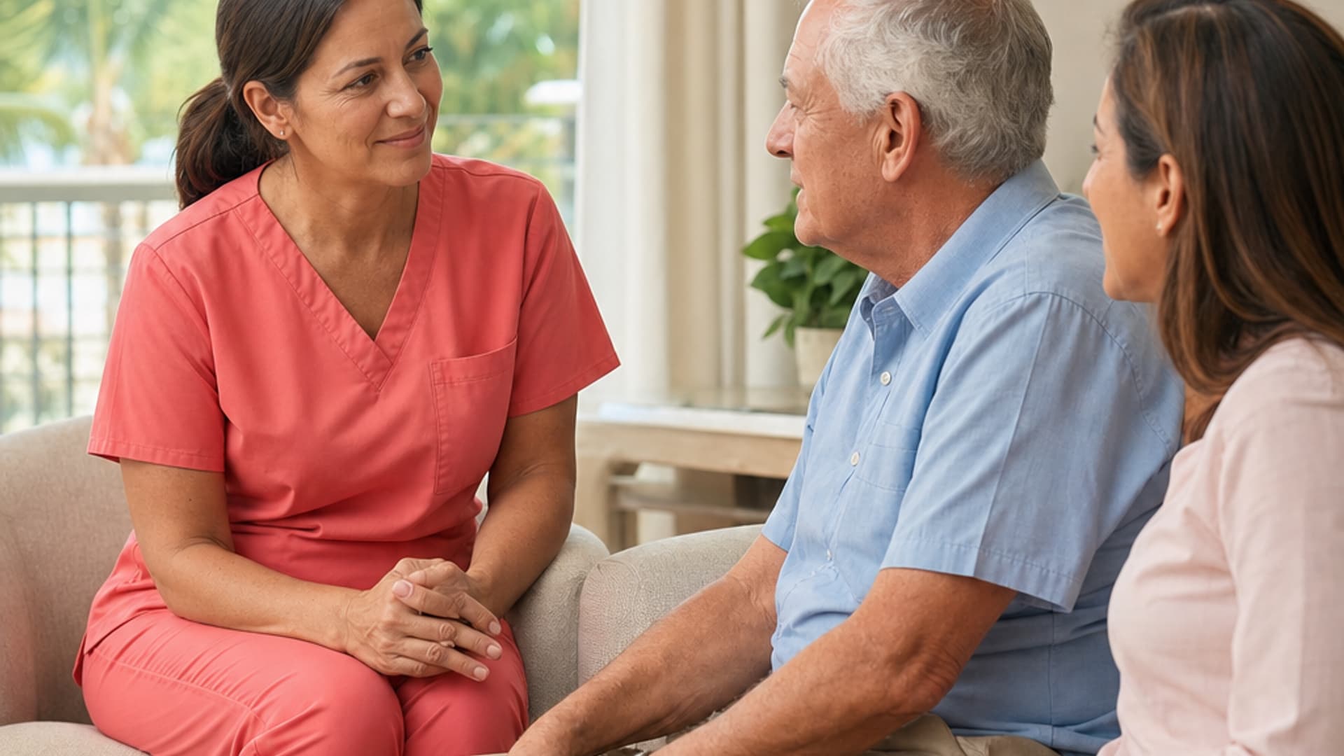 Hospice nurse in plain coral scrubs listening to a patient and family caregiver at home