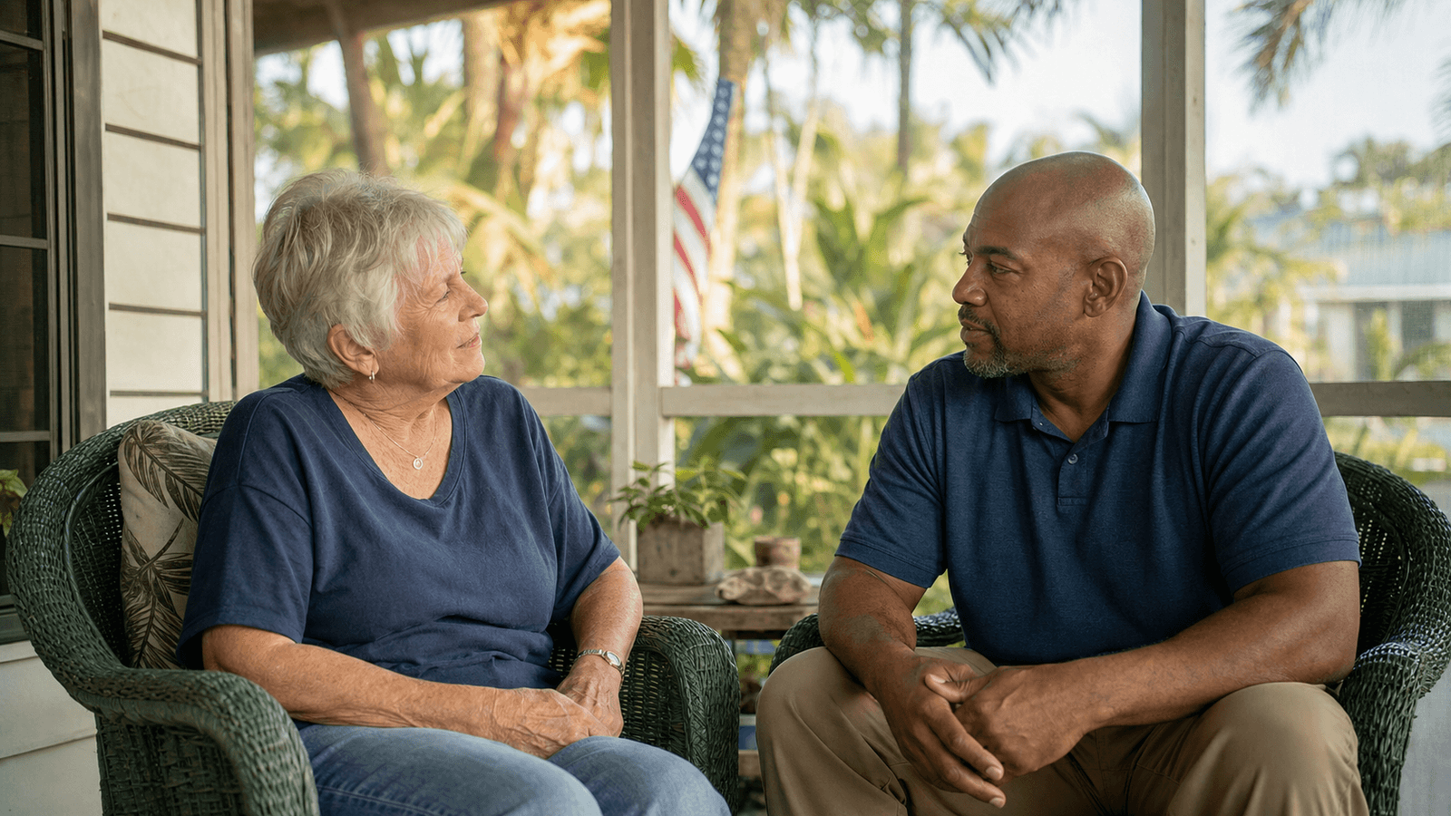 Veteran volunteer visiting an older veteran at home