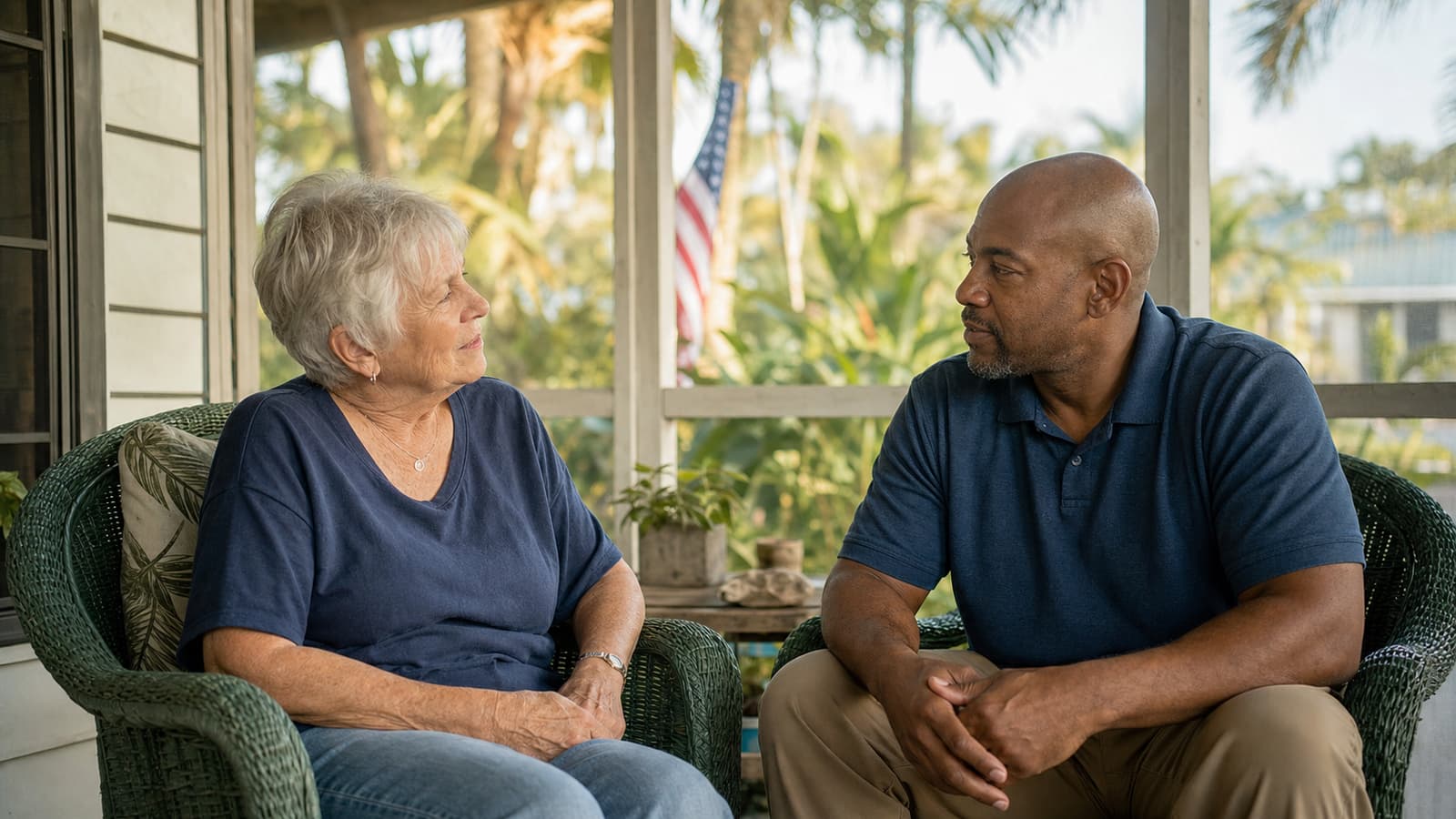Veteran volunteer visiting an older veteran at home