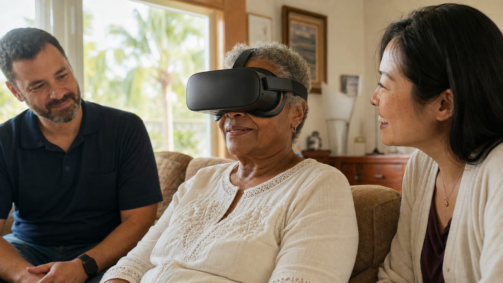 Hospice patient enjoying a guided virtual reality experience with a caregiver