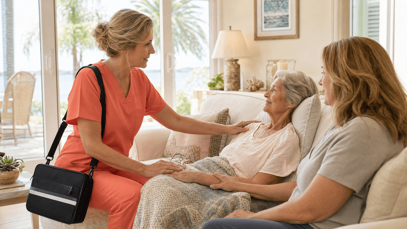 Hospice nurse in plain coral-orange scrubs providing care in a patient's home