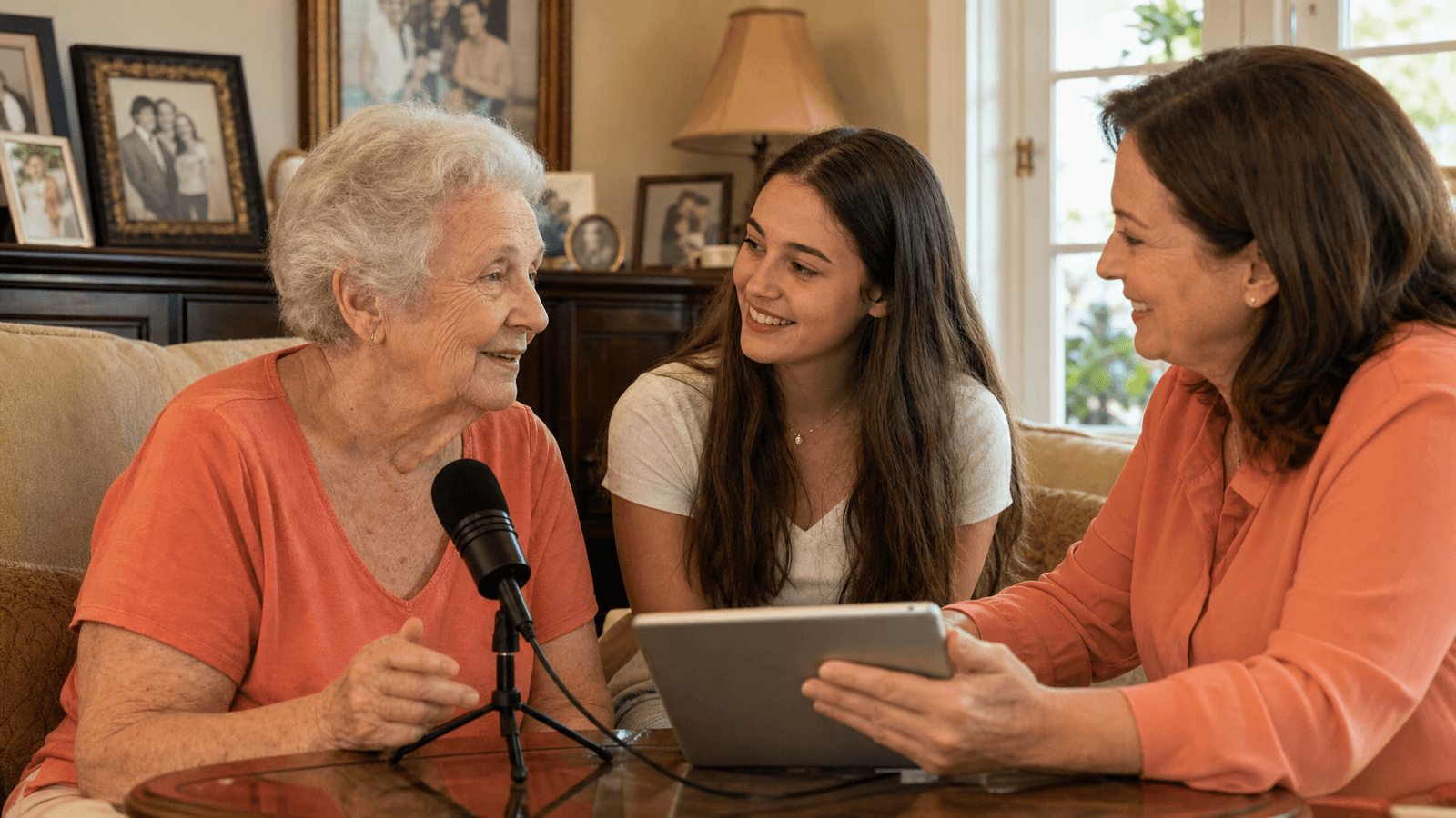 Hospice patient recording a personal message with supportive guidance