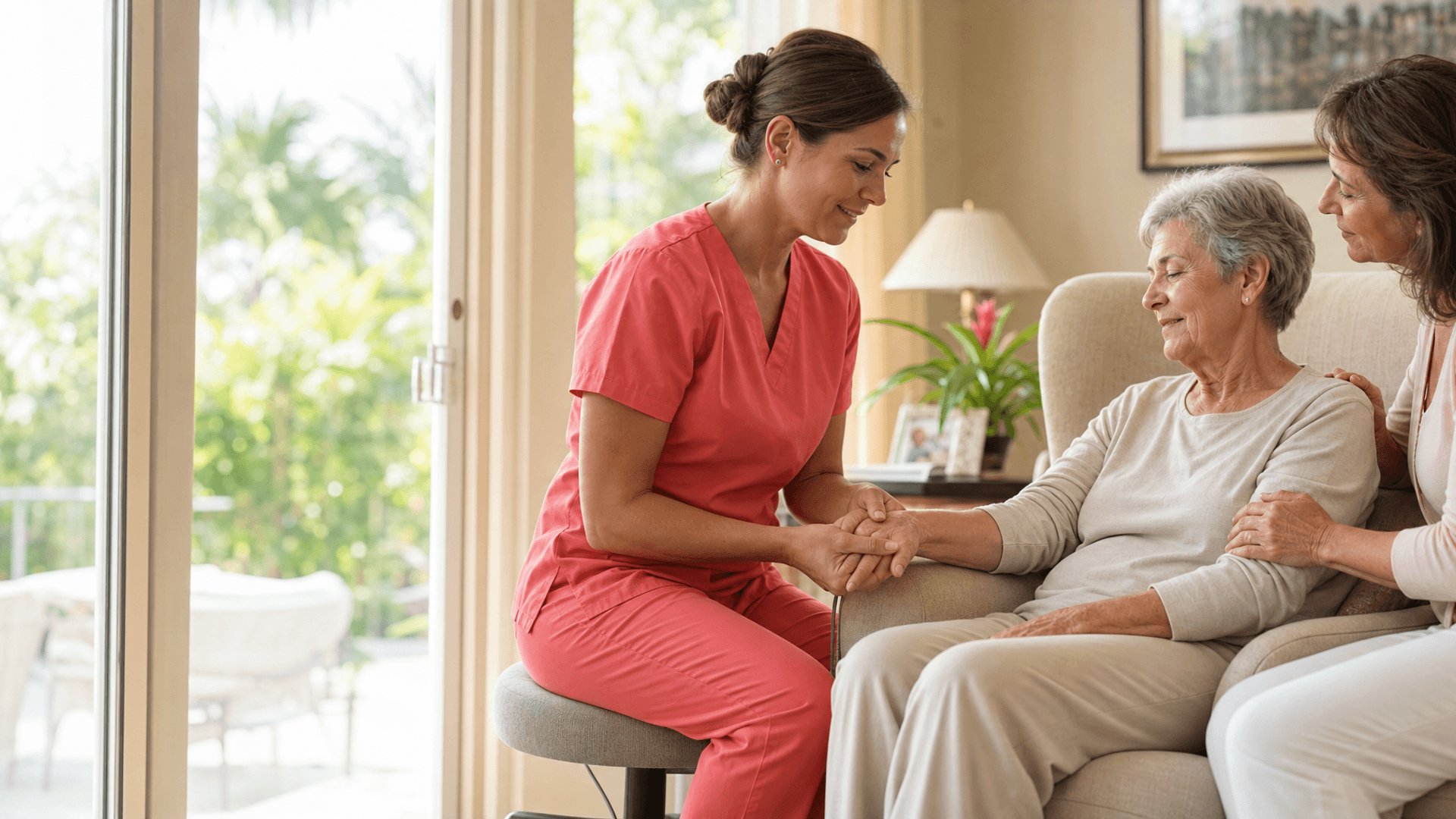 Hospice massage therapist in plain coral scrubs providing gentle hand massage at home