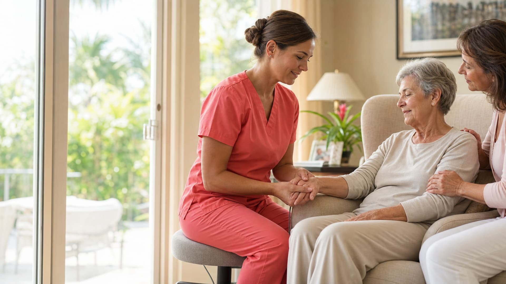 Hospice massage therapist in plain coral scrubs providing gentle hand massage at home