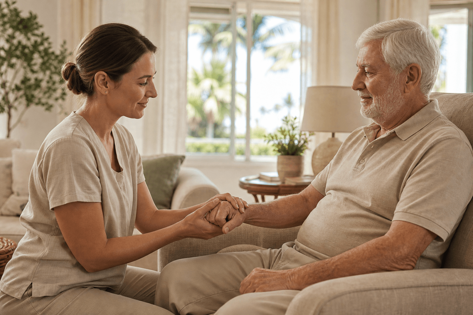 Massage therapist providing gentle hand massage to a hospice patient at home
