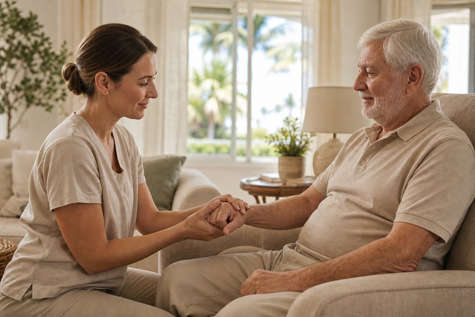 Massage therapist providing gentle hand massage to a hospice patient at home