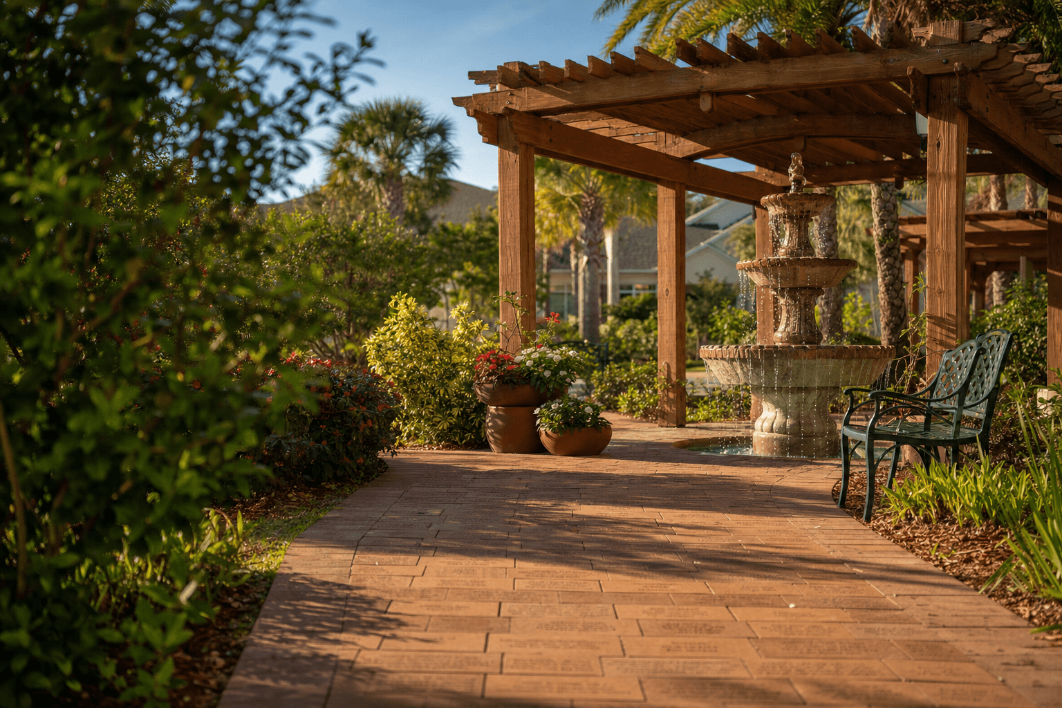 Memorial garden walkway of engraved bricks with a fountain and pergola at a Treasure Coast Hospice campus