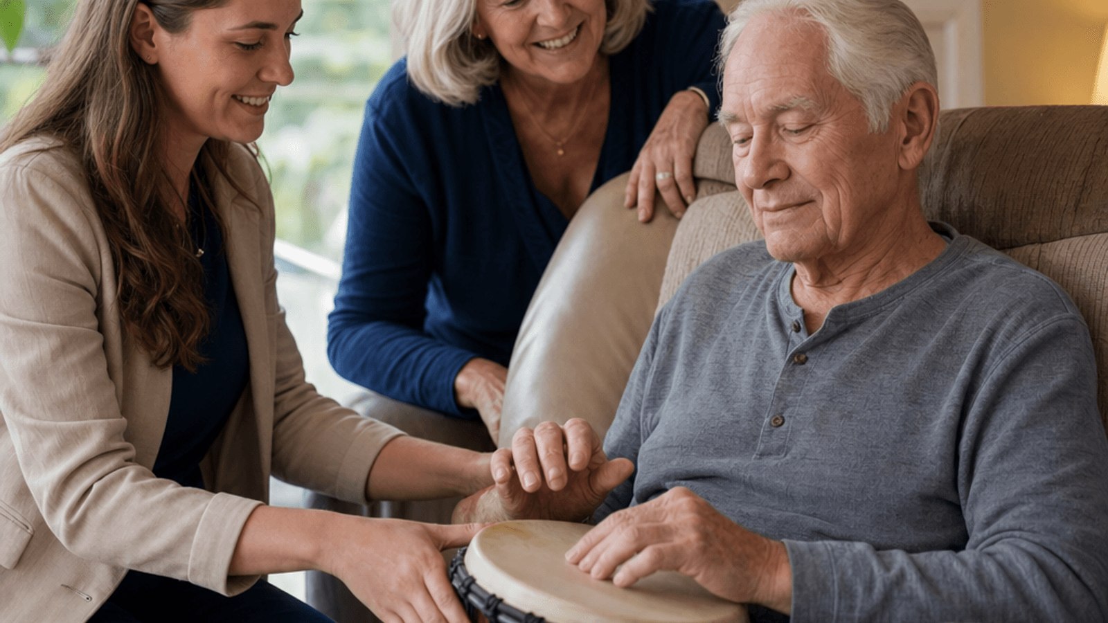 Music therapist guiding a hospice patient through a gentle hand-drum activity at home