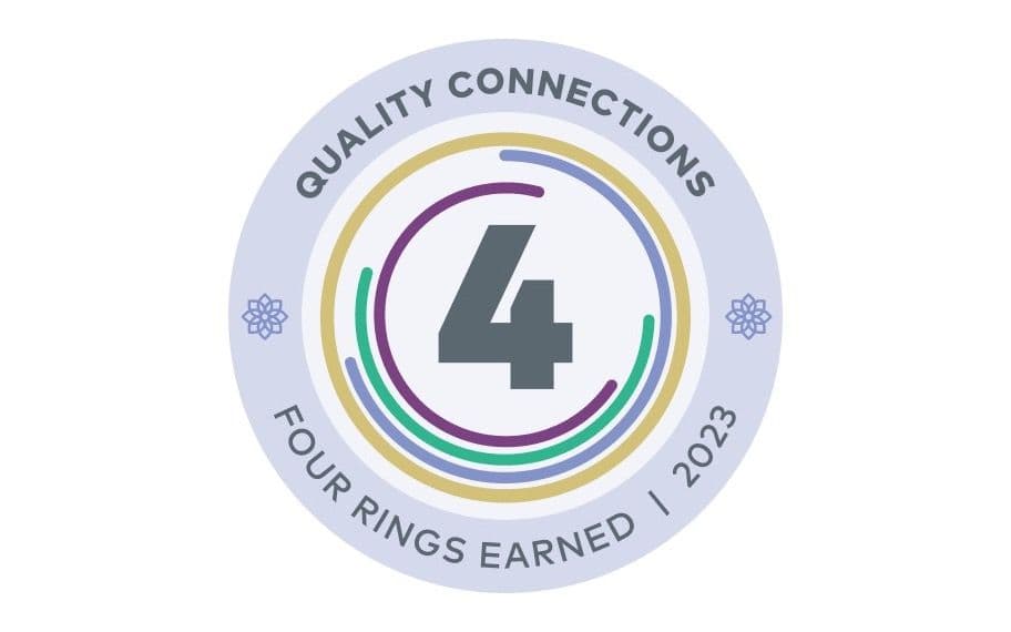 NHPCO Quality Connections badge showing four rings earned in 2023