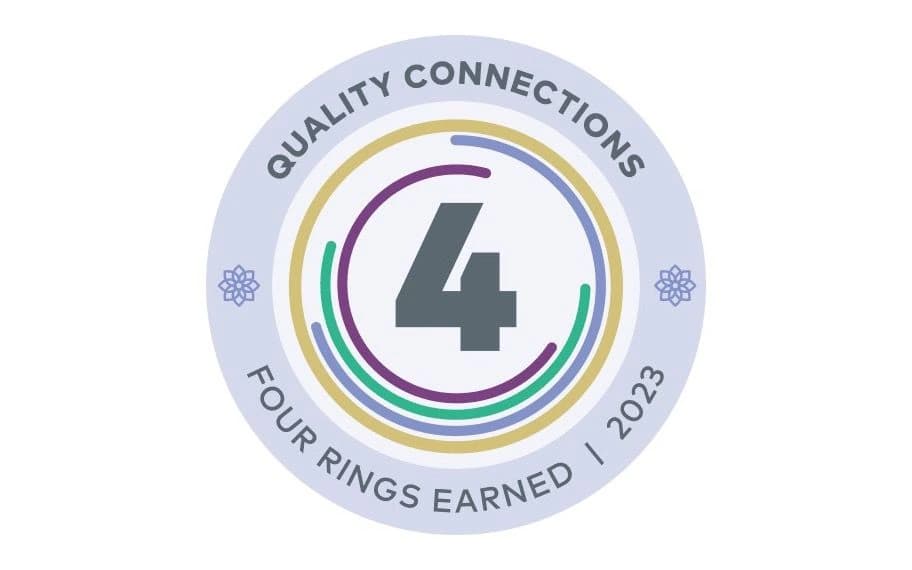 NHPCO Quality Connections badge showing four rings earned in 2023