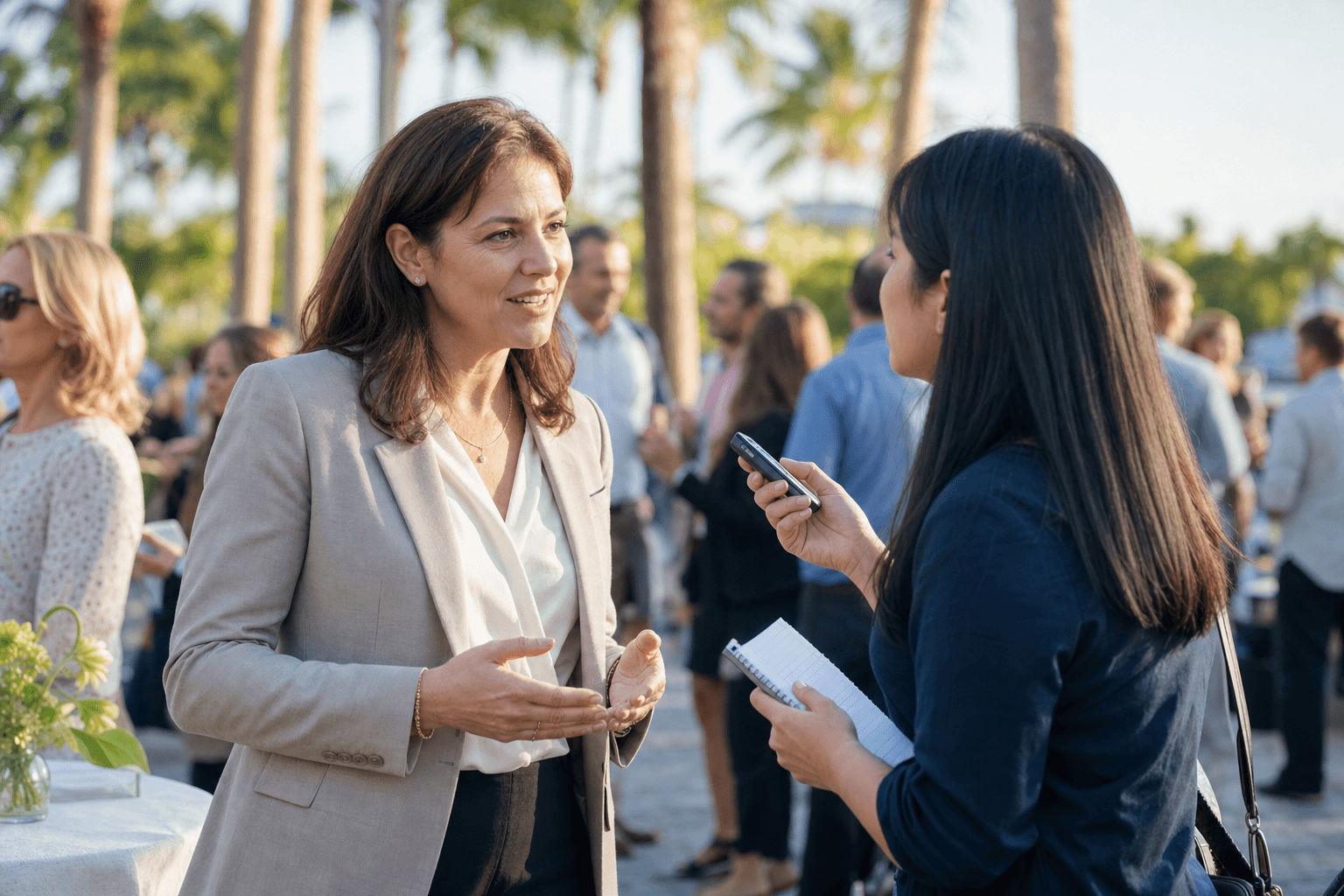 Communications staff member speaking with a local journalist