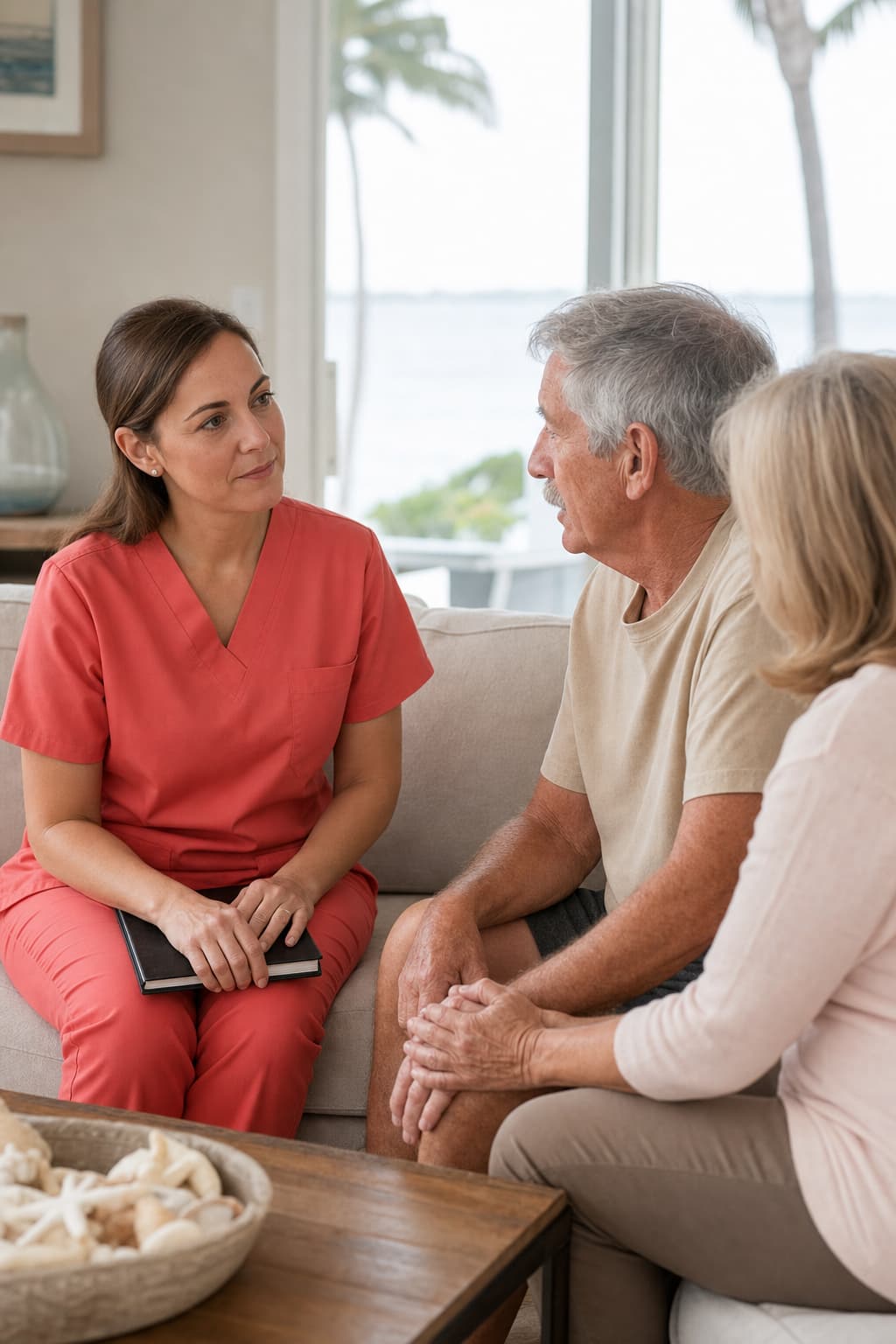 Physician in plain coral scrubs listening to a patient and spouse during a home visit