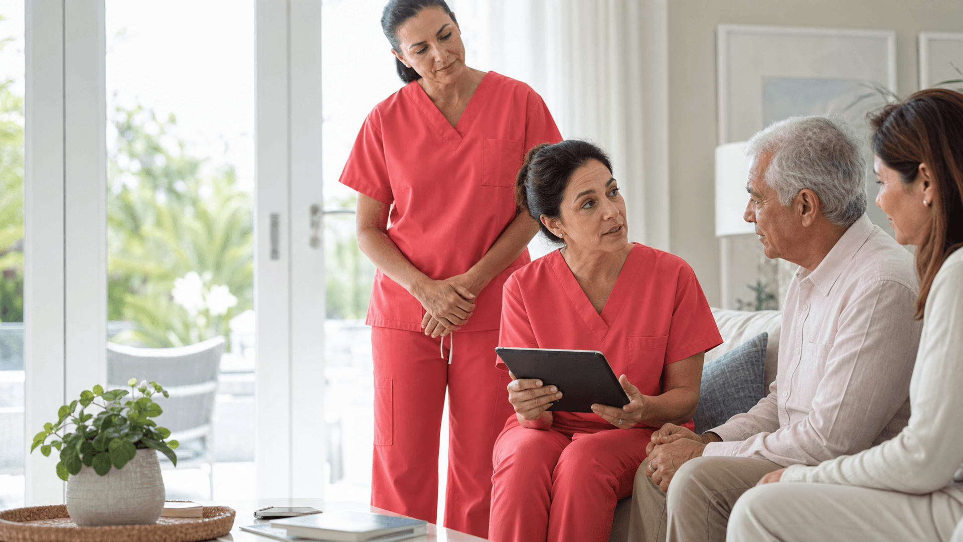 Physician and hospice nurse in plain coral scrubs discussing palliative care with a patient and family member