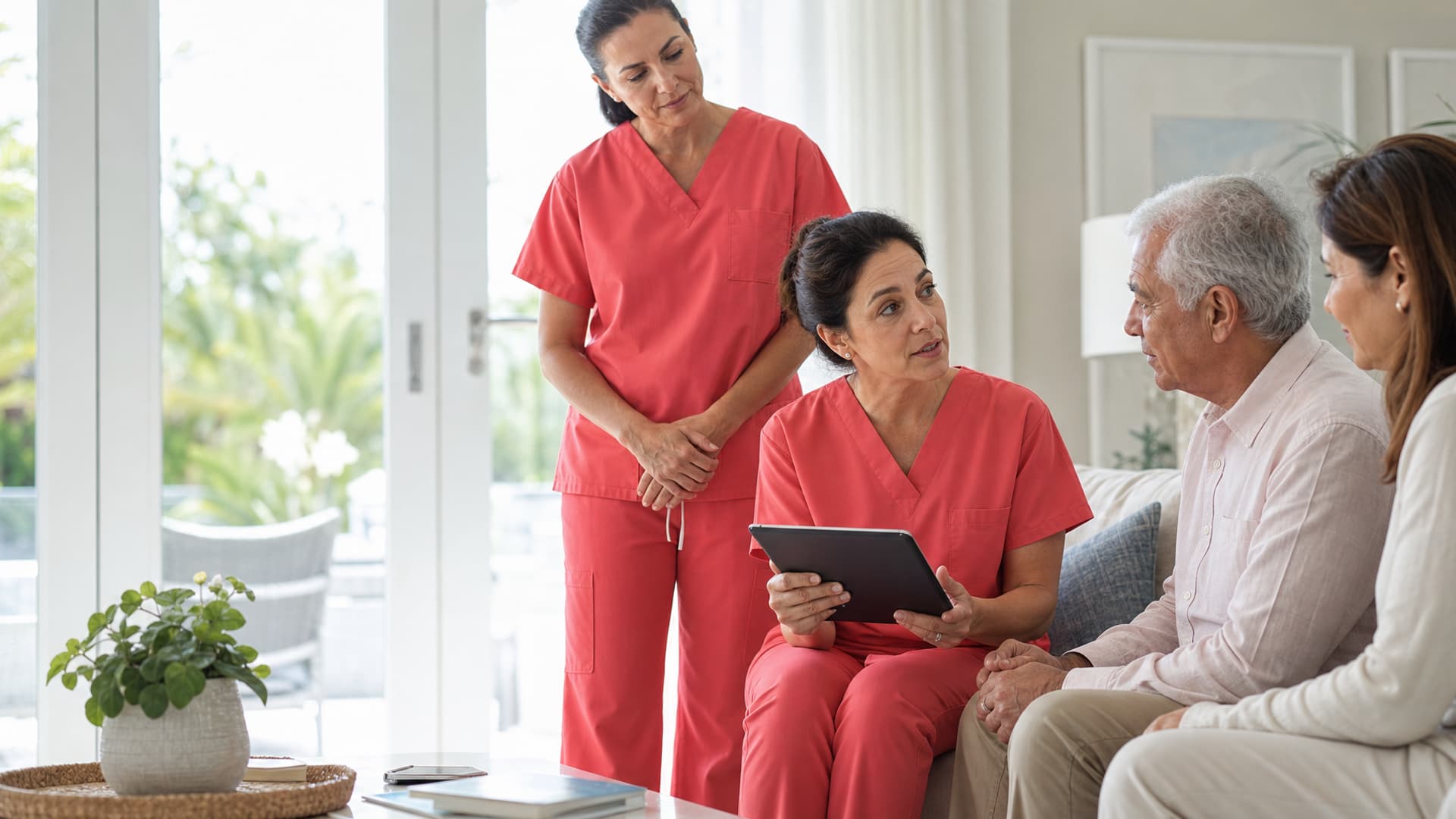 Physician and hospice nurse in plain coral scrubs discussing palliative care with a patient and family member
