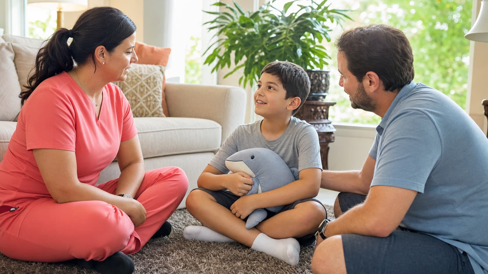 Pediatric hospice nurse in plain coral scrubs listening to a child and parent