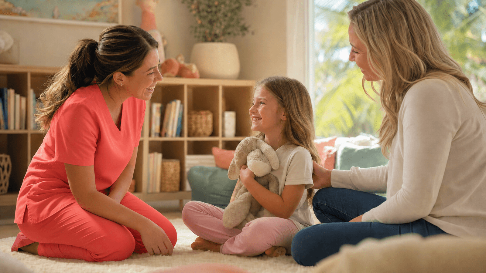 Pediatric hospice nurse in plain coral scrubs kneeling with a smiling child holding a stuffed animal