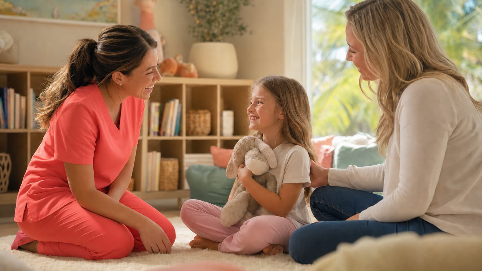 Pediatric hospice nurse in plain coral scrubs kneeling with a smiling child holding a stuffed animal
