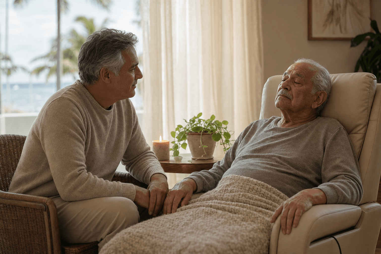 Hospice chaplain sitting beside a patient in a peaceful home setting