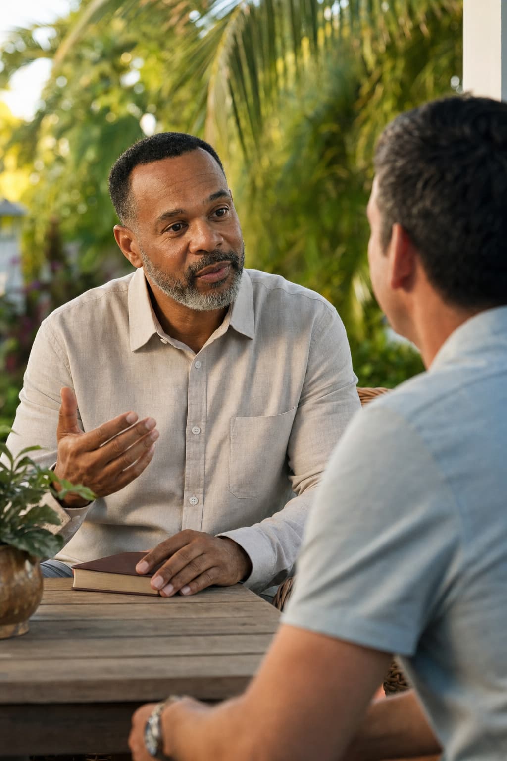 Hospice chaplain talking quietly with a family member in a garden