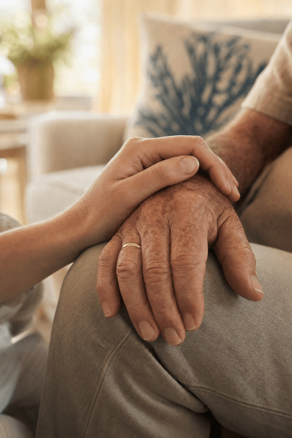 Close-up of two people’s hands clasped together in comfort