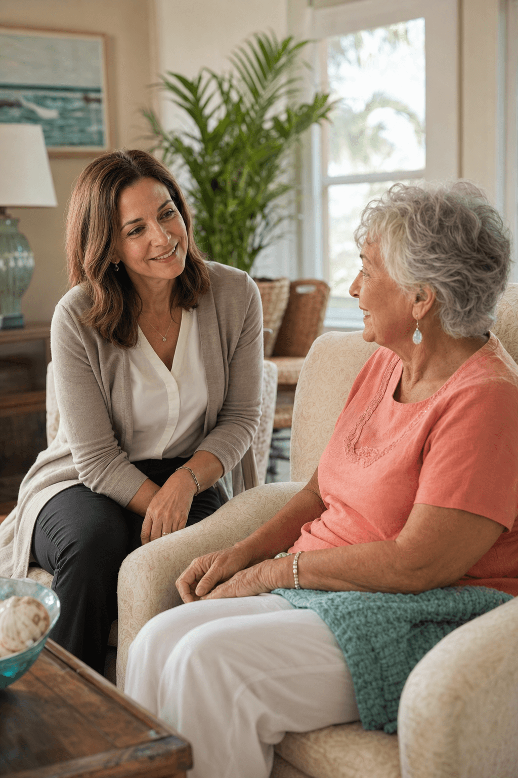 Spiritual care coordinator listening to an older patient during a home visit