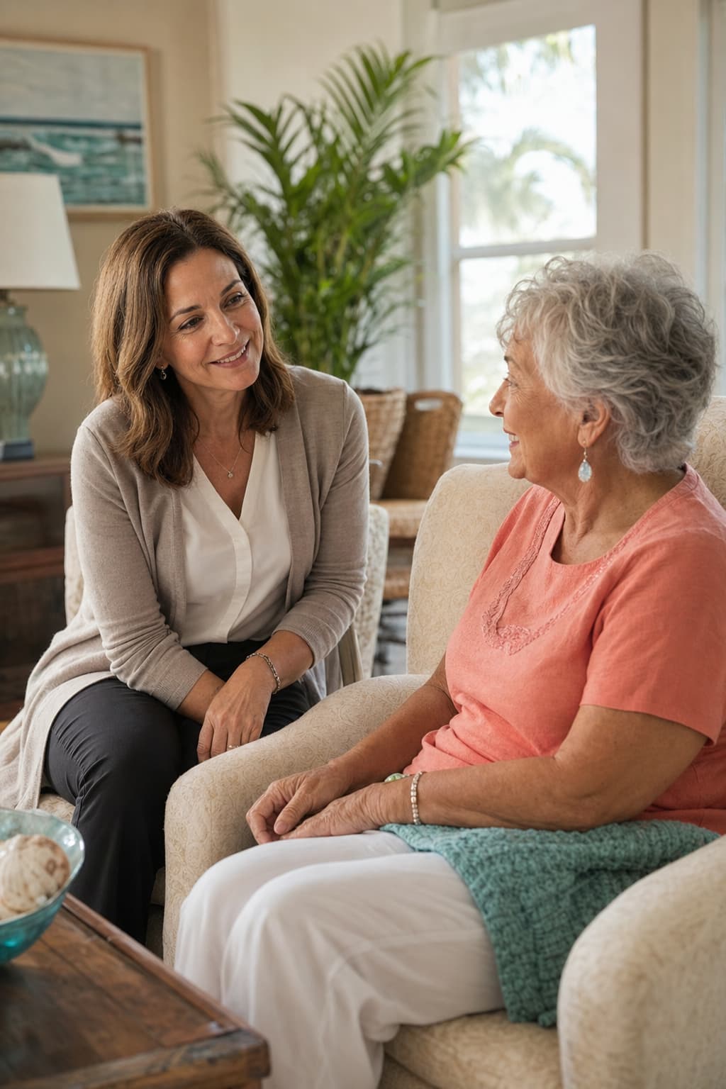 Spiritual care coordinator listening to an older patient during a home visit