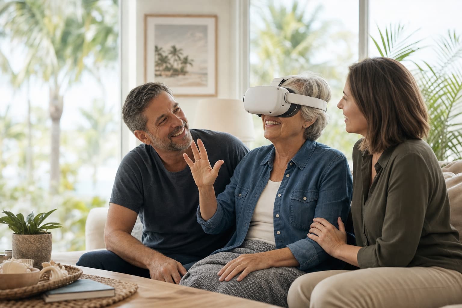 Hospice patient sharing a virtual reality experience with family and a facilitator