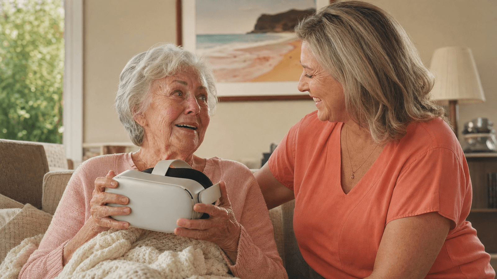 Hospice patient enjoying an immersive virtual destination while family shares the moment