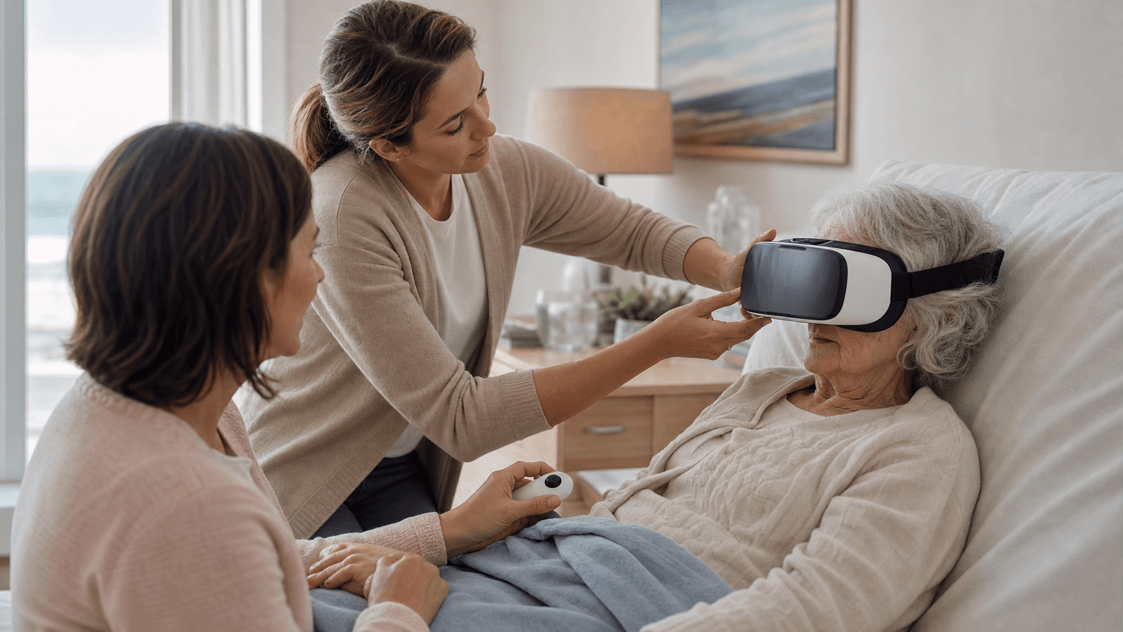 Trained facilitator in plain coral-orange scrubs guiding a hospice patient's virtual reality session