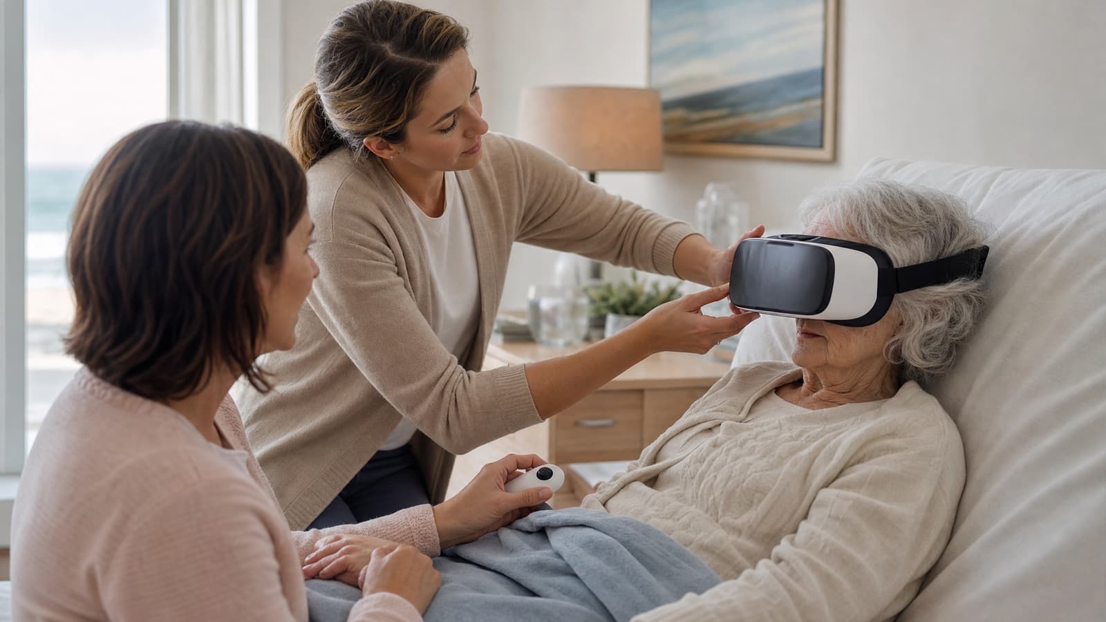 Trained facilitator in plain coral-orange scrubs guiding a hospice patient's virtual reality session