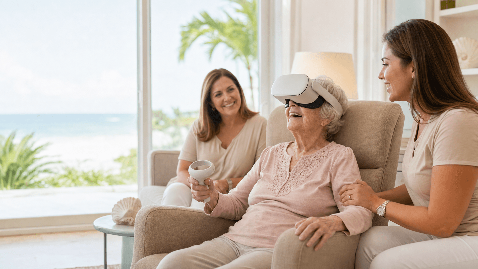 Hospice patient using a virtual reality headset with family and a facilitator in plain coral-orange scrubs