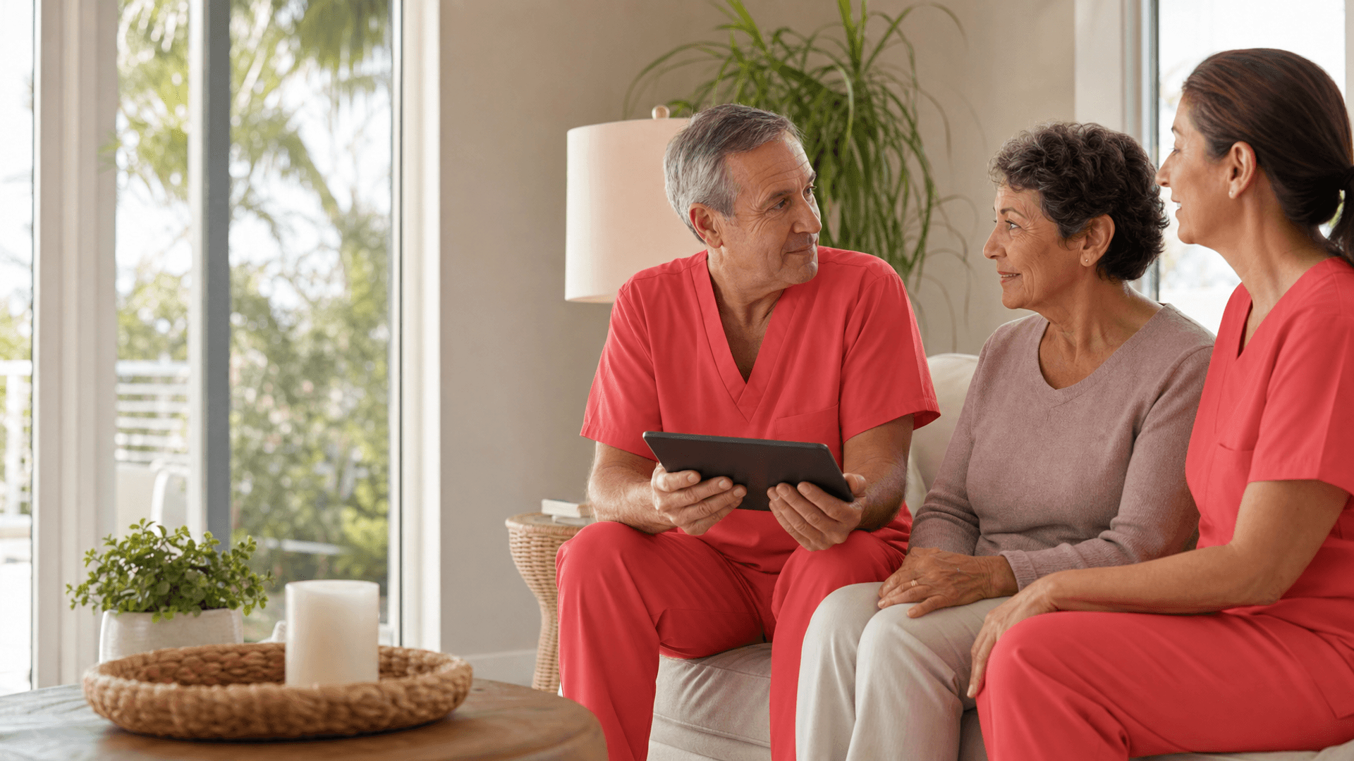 Attending physician and hospice nurse in plain coral scrubs coordinating care with a patient