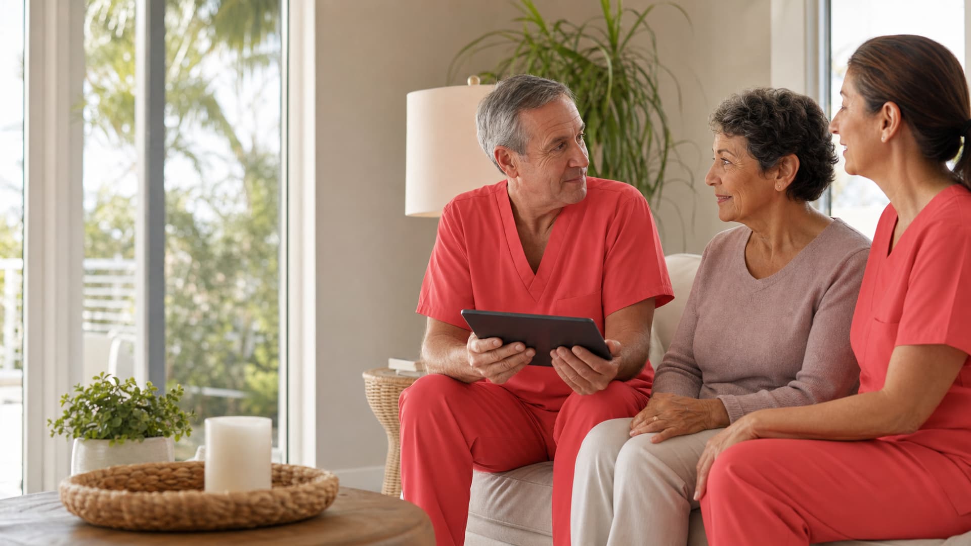 Attending physician and hospice nurse in plain coral scrubs coordinating care with a patient